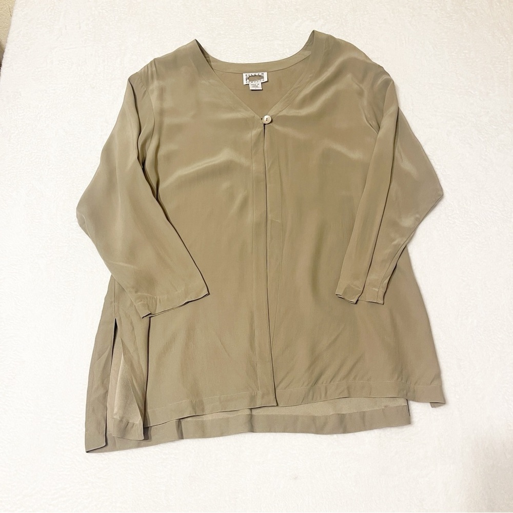 Eileen Fisher Vintage 100% Silk Tan Open Front Luxury Cardigan Top Women's 2